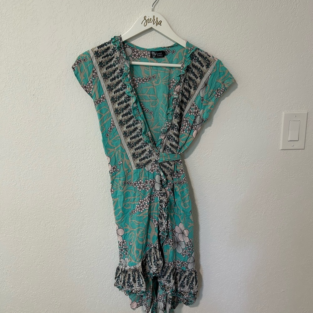 Floral Teal and Gray Wrap Dress